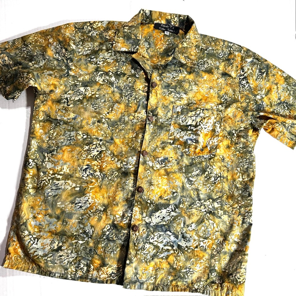 Vintage Pohaku Ts Koloa Kauai Hawaiian Shirt Sz M Green Gold Cotton Batik Print